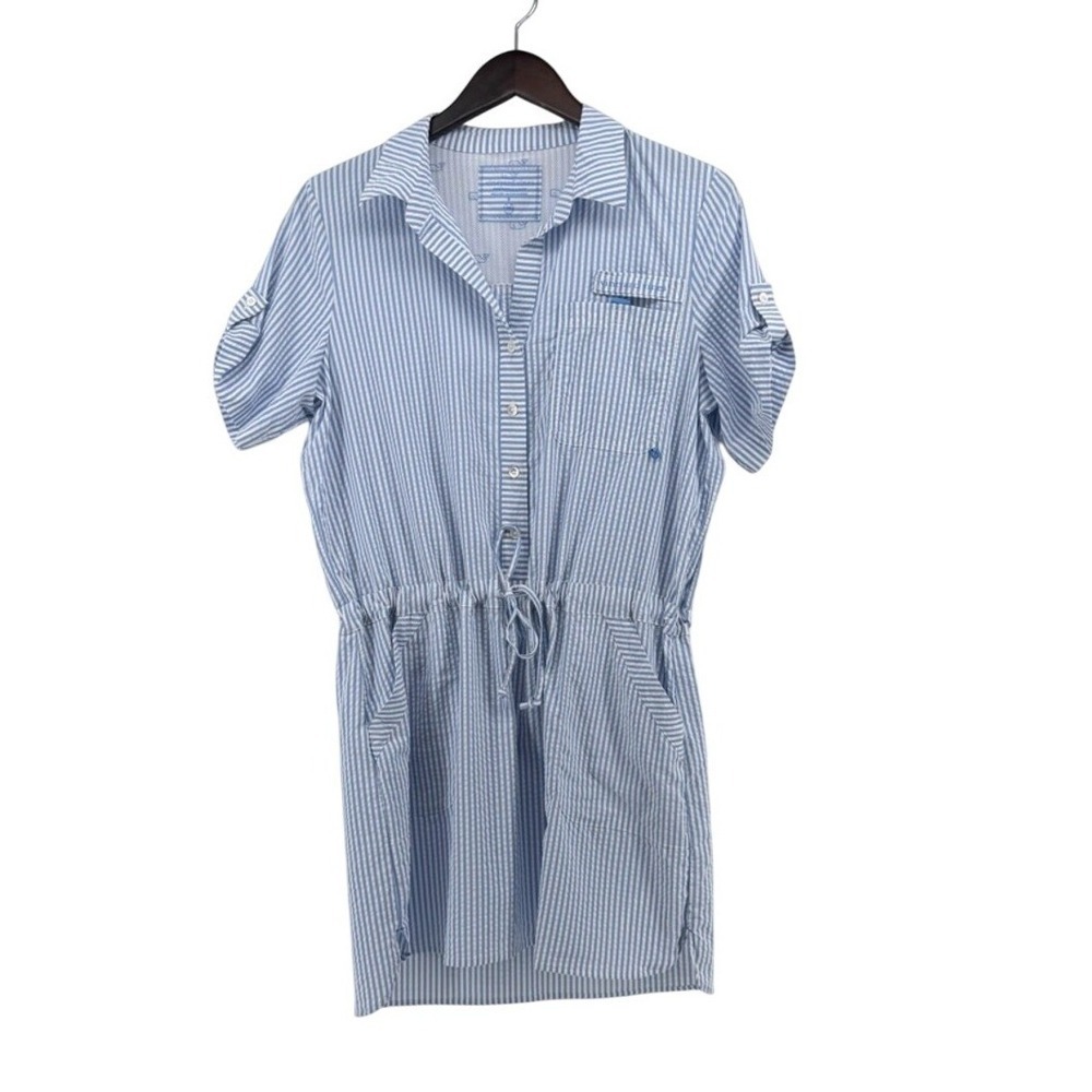 Vineyard Vines Performance Seersucker Stripe Shirt Dress Blue White Womens 8